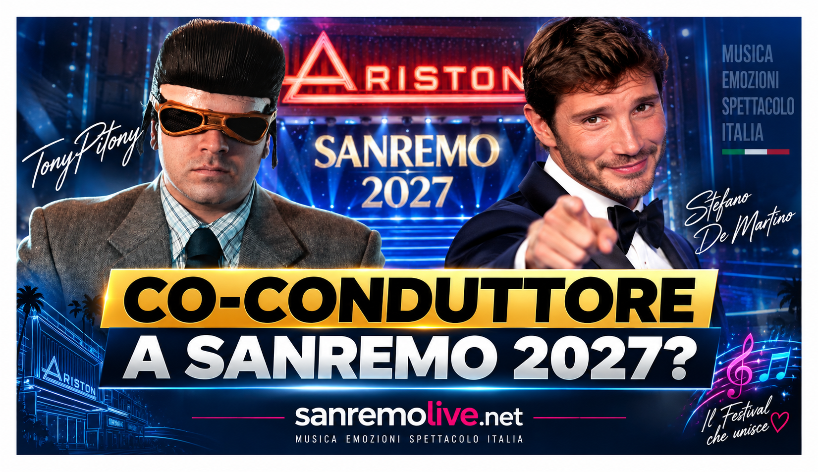 TonyPitony Sanremo 2027, ipotesi co-conduttore con Stefano De Martino